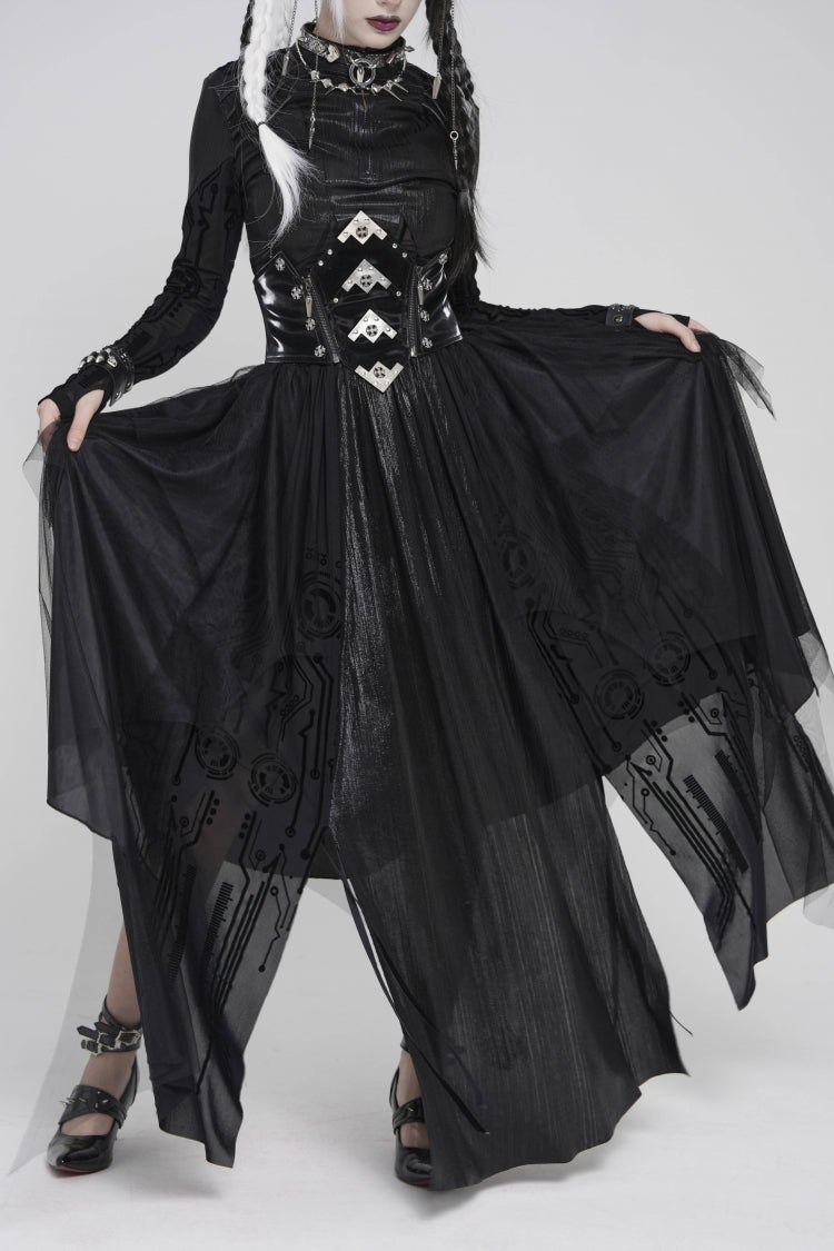 Black Multi-Layered Lace-Up Slim Irregular Asymmetric Eyelet Women's Gothic Long Skirt