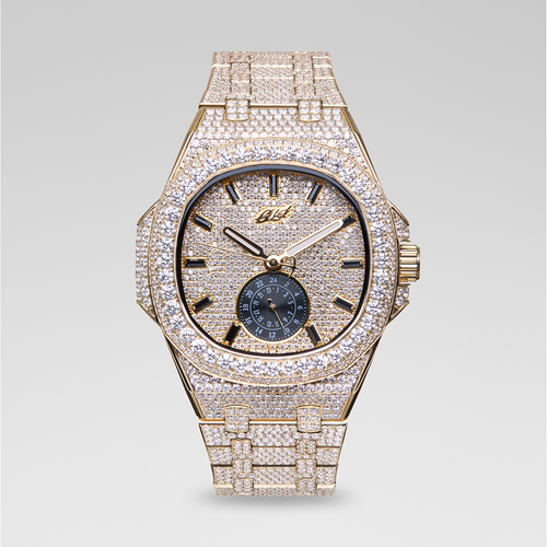 39MM Visionary Moissanite Fully Iced Case & Steel Band Watch - Yellow Gold