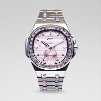 39MM Visionary Moissanite Iced Pink Stone Band Watch - White Gold
