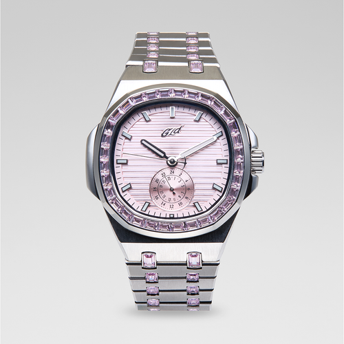 39MM Visionary Moissanite Iced Pink Stone Band Watch - White Gold