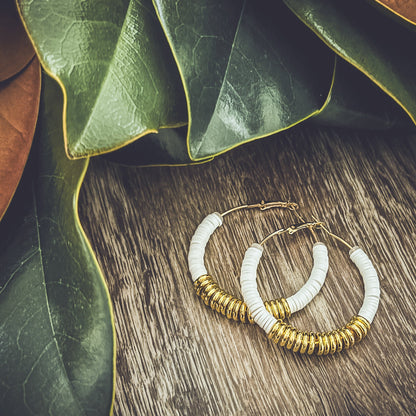 Beautiful White and Gold Clay Hoops