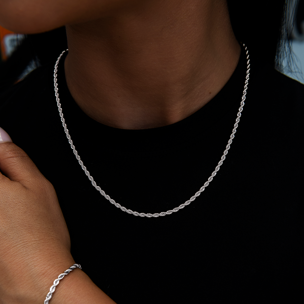 2mm Rope Necklace + Bracelet + 5mm Round Cut Stud Earring Bundle in White Gold