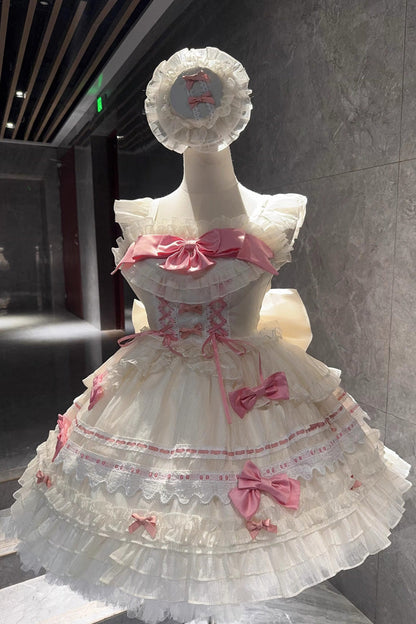 Apricot/Pink [Prelude to Spring Song] Sleeveless Multi-Layered Ruffle Bowknot Lace Sweet Princess Ballet Lolita Jsk Dress