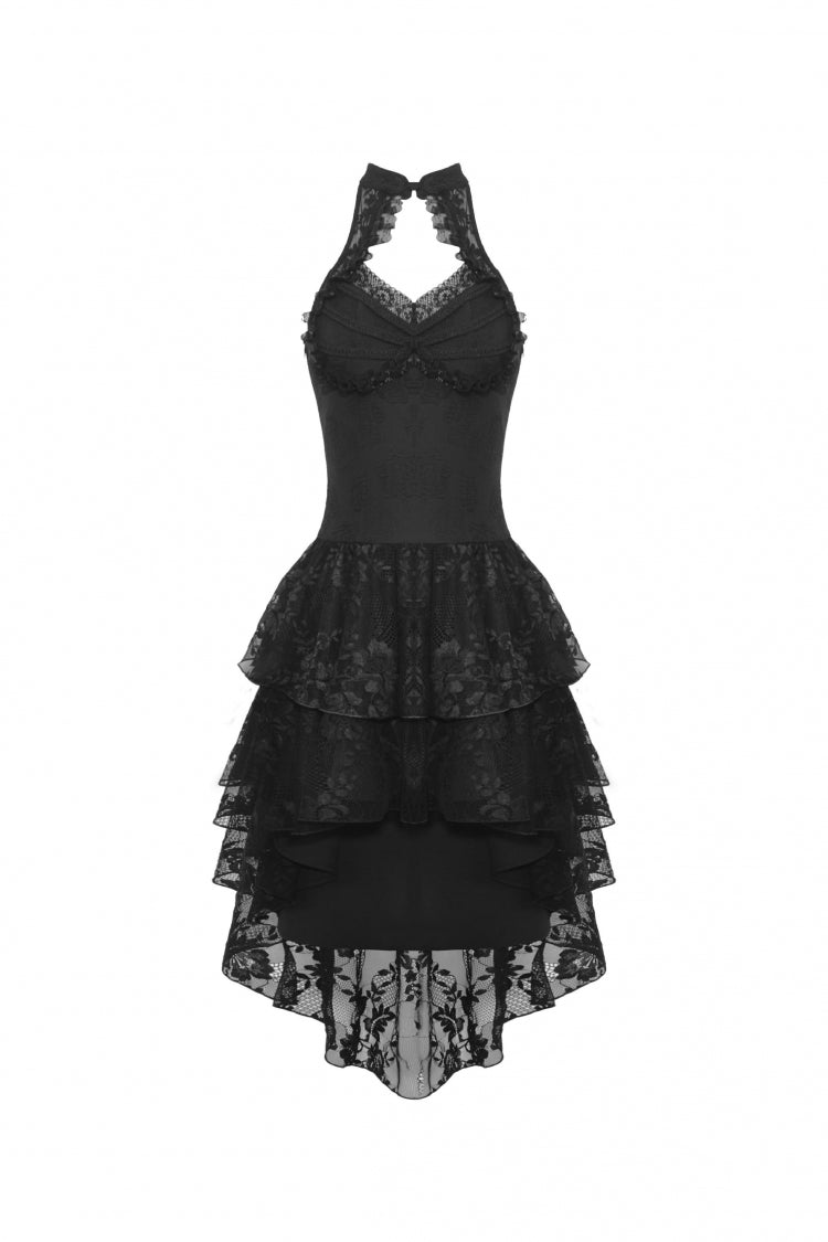 Black Off Shoulder Halterneck Sleeveless Irregular High Low Multi-Layered Lace Women's Gothic Dress