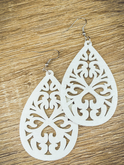 Beautiful White Wood Laser Cut Drop Earrings