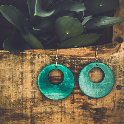Beautiful Turquoise Wood Circle Earrings