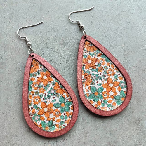 Beautiful Wood and Cork Orange and Turquoise Flower Earrings