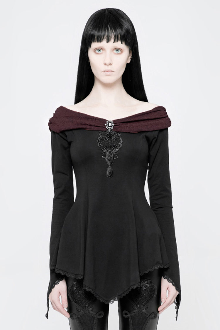 Black Bertha Neck Off Shoulder Long Sleeves Embroidery Women's Punk Blouse
