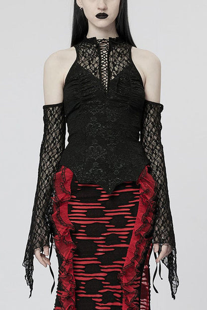Black Off Shoulder Jacquard Hollow Stitching Lace Womens Gothic T-Shirt