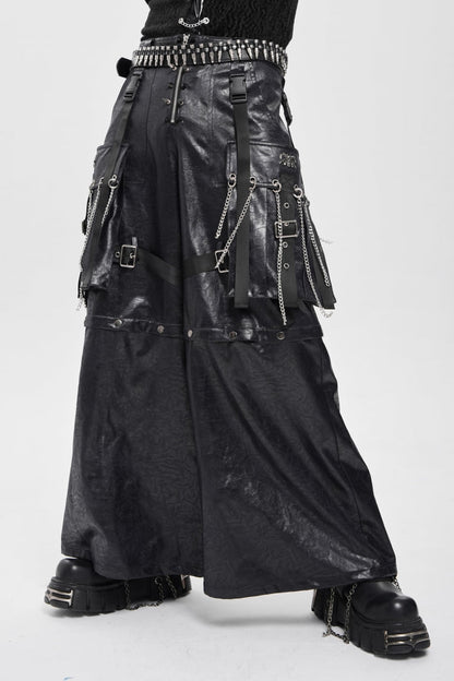 Black Big Pockets Straps Chain Men's Punk Pants