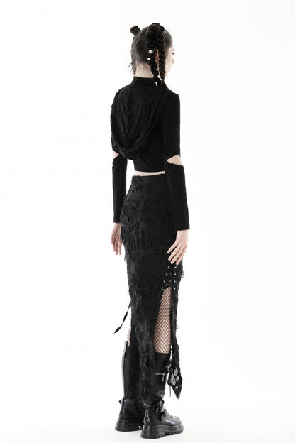 Black Lace-Up Ripped Women's Punk Split Long Skirt