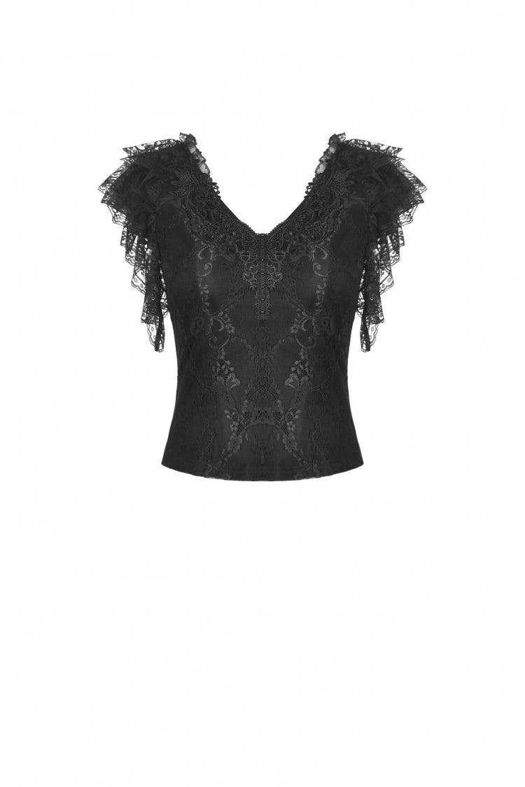 Black Plunging V Collar Short Sleeves Ruffled Lace Sexy Women's Gothic Crop Top