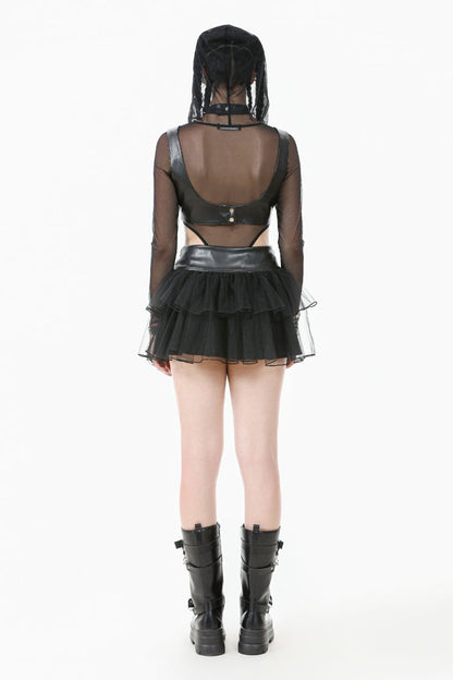 Black Metal Studded Women's Punk Faux Leather Bustier Crop Top with Adjustable Clasps
