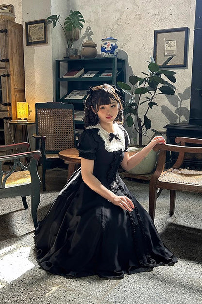 Black Annie's Gift Short Sleeves Bowknot Sweet Lolita Dress (Plus Size Support)