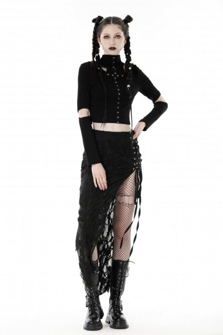 Black Metal Cross Eyelet Long Sleeves Cut-Out Women's Punk Crop Top with Ripped Hood