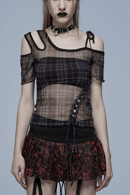 Asymmetrical Cutout Neckline Strap Design Plaid Mesh Women's Punk T-Shirt